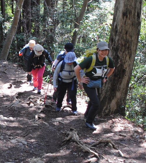 小野直子ガイドを先頭に登山道を歩く＝2024年3月30日.jpg