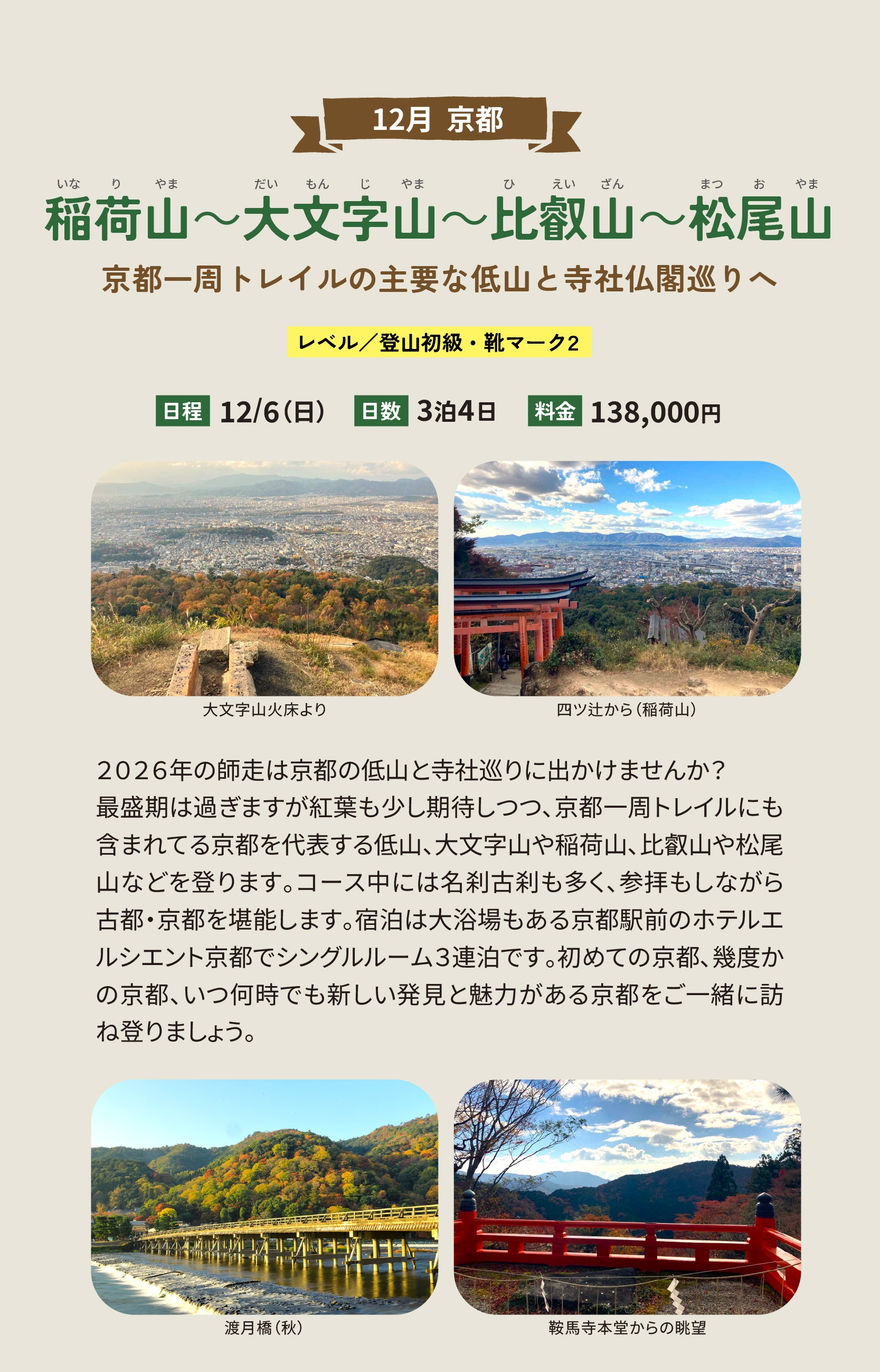 稲荷山～大文字山～比叡山～松尾山　京都一周トレイルの主要な低山と寺社仏閣巡りへ
